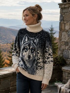 Pulltonic Wolf Turtleneck Sweater Women's Small Lambswool Cashmere Blue Eyes NWT